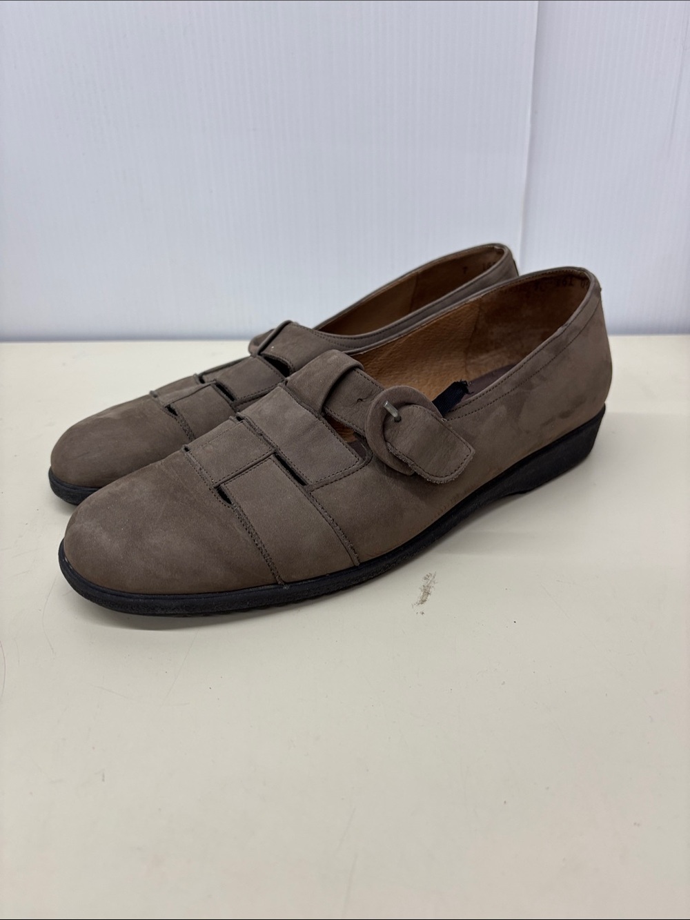 Classic Taupe Suede Slip-On Loafers with Buckle Detail